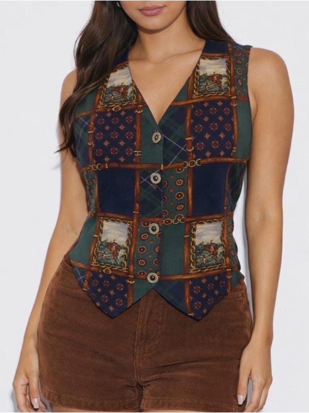 VTG 90’s Jantzen Blue Green Patchwork Vest Cottagecore Equestrian Boho Artsy